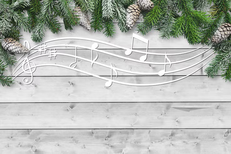 Musical notes drift across some wooden slats, which are topped with a frosted garland