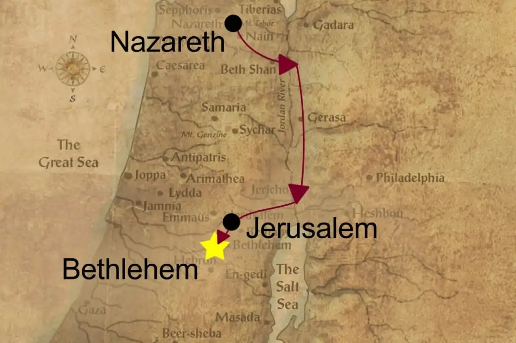 A map showing the route from Nazareth to Bethlehem