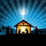 Nativity Stable with inside lit up in orange light and the outside marked with rays of light in blue and black, including the natal star