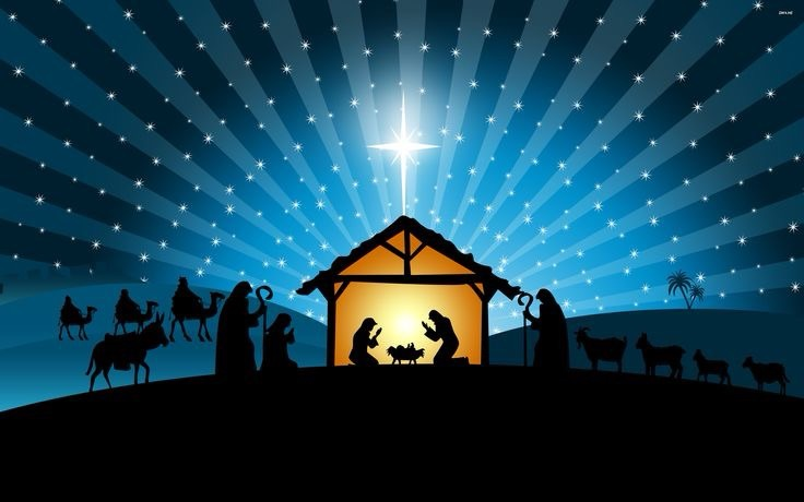 Nativity Stable with inside lit up in orange light and the outside marked with rays of light in blue and black, including the natal star