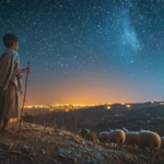 A young shepherd looks over his sheep at a distantly illuminated town, with a clear starry sky above him