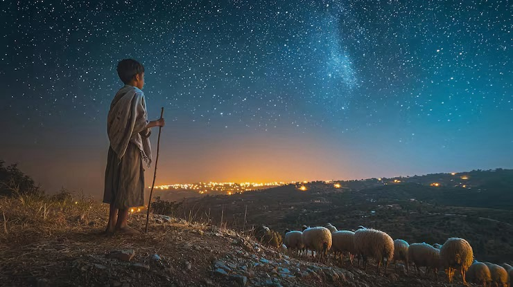 A young shepherd looks over his sheep at a distantly illuminated town, with a clear starry sky above him